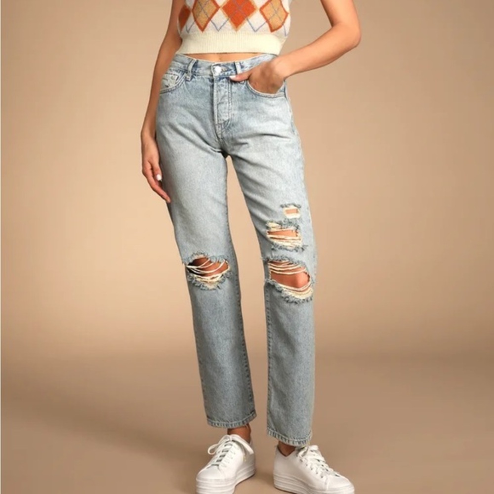 Free People Bren Light Wash Distressed High-Rise Denim Boyfriend Jeans size 28